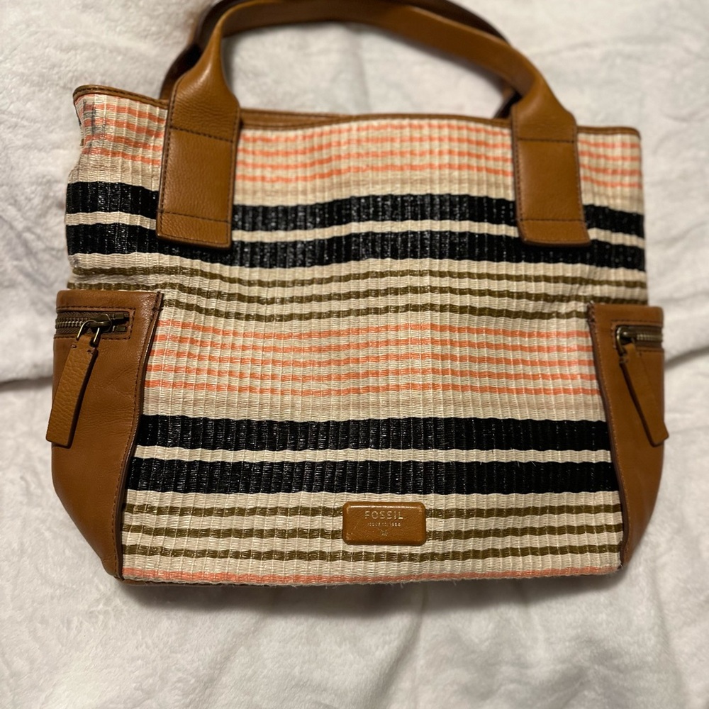 Fossil Women's Tan and Black Striped Tote